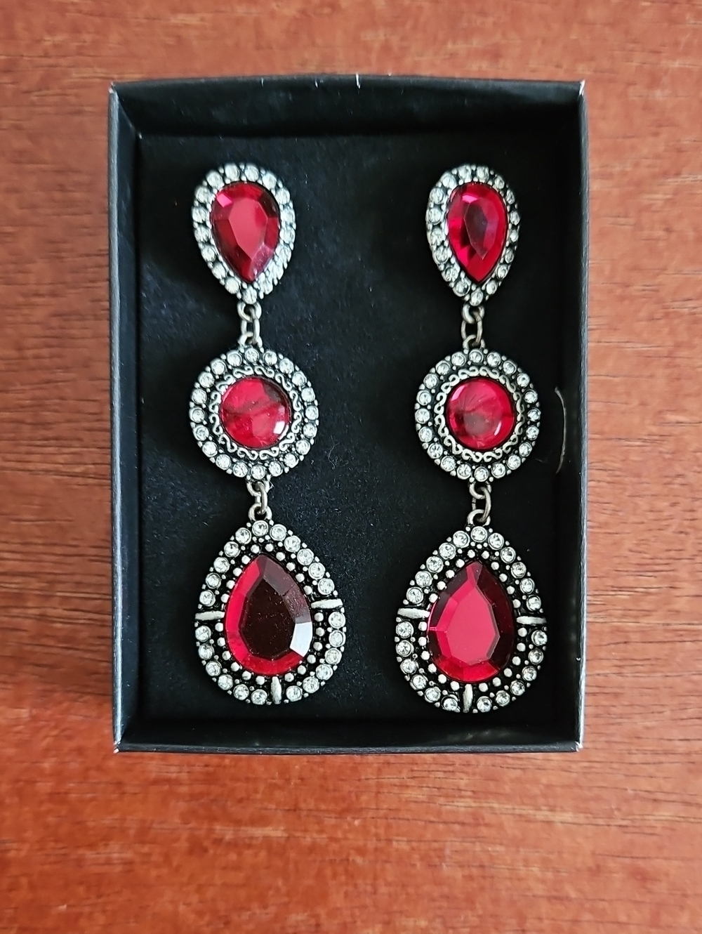 Red Teardrop & Round Dangle Earrings with Crystal Halo